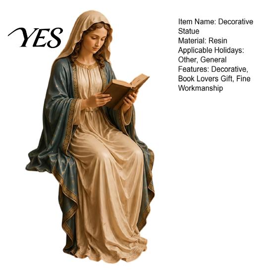 Reading Virgin Mary Figurine for Bookshelf, Resin Jesus Statue Shelf Faith-Based Home Decor Sitter, Decorative Sculpture Office, Gift Book Lovers