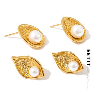 New Stainless Steel Simulated Pearls Leaf Stud Earrings 18K Golden Plated Chic Daily Jewelry Hypoallergenic