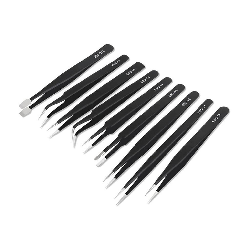 9PCS Antistatic Tweezers Assortment Stainless Steel Multifunctional Tweezers Set for Electronic Repair