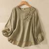 Women's Solid Color Cotton And Linen Long-sleeved Embroidered Retro Breathable T-shirt Round Neck Top