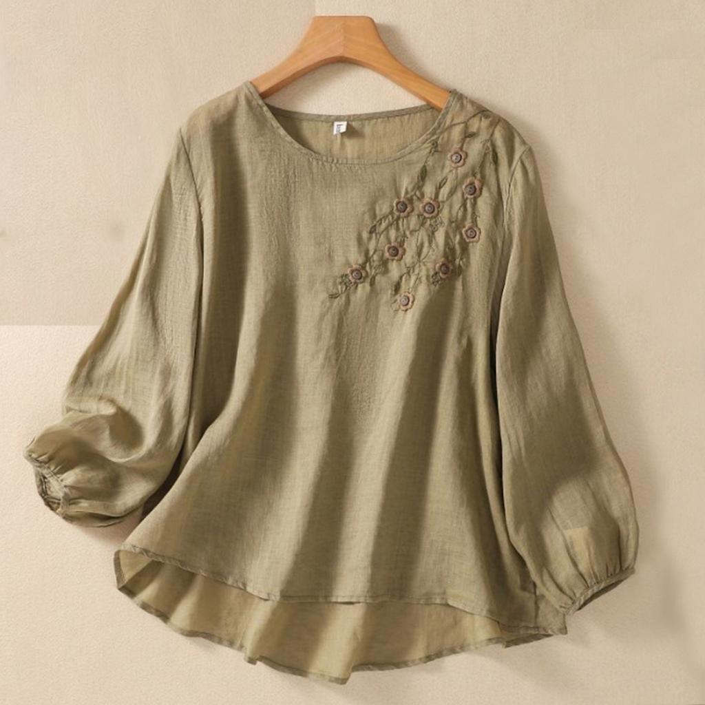 Women's Solid Color Cotton And Linen Long-sleeved Embroidered Retro Breathable T-shirt Round Neck Top