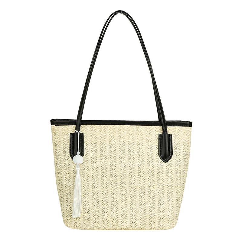 

Летняя новая соломенная сумка большой вместимости, женская сумка, нишевый дизайн, наплечная сумка, контрастная цветная вставка, плетеная сумка-тоут чёрный