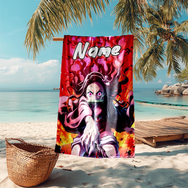 Personalized customized proof beach towel with Demon Slayer Nezuko pattern - soft, absorbent, quick-drying, perfect swimming, camping&bathing