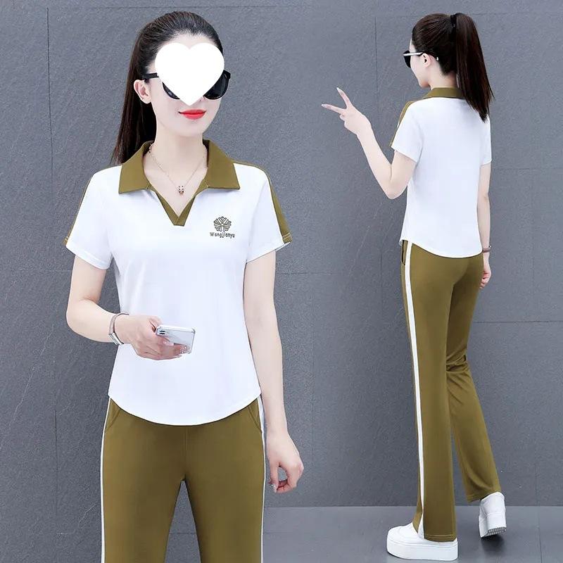 Ležérní sportovní souprava, Dámské letní oblečení, Jednoduchá, moderní a omlazující mikina s krátkým rukávem, Rovné kalhoty Dvoudílná sada