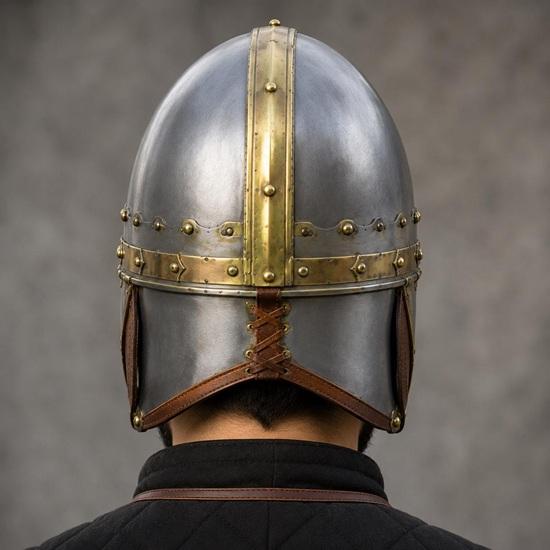 Medieval Steel Helmet with Brass Trim, Viking Knight LARP Armor, Historical Warrior Cosplay Costume