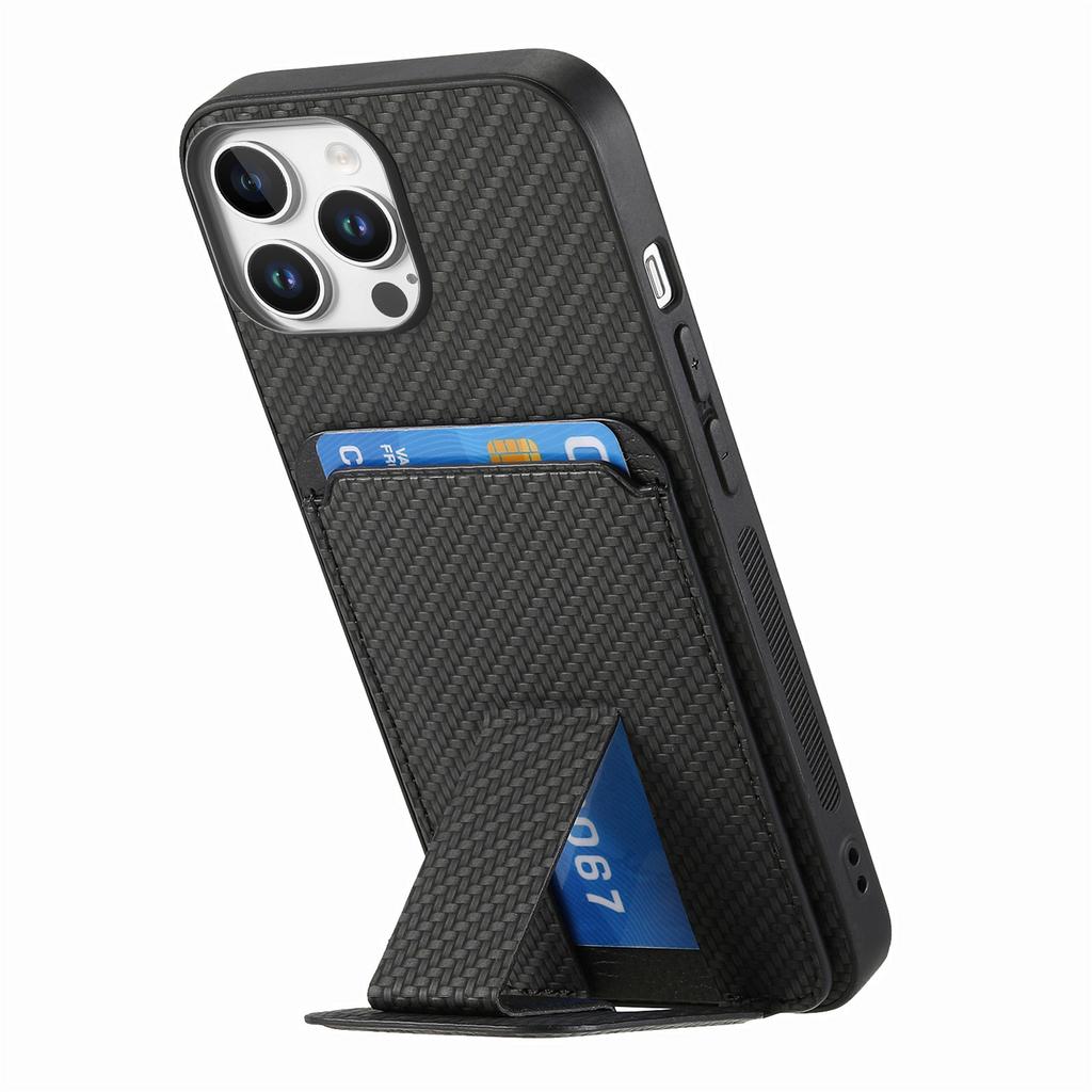 C1-11 for iPhone 16 Pro Max Case Card Holder Carbon Fiber Texture Leather Coated TPU Phone Cover