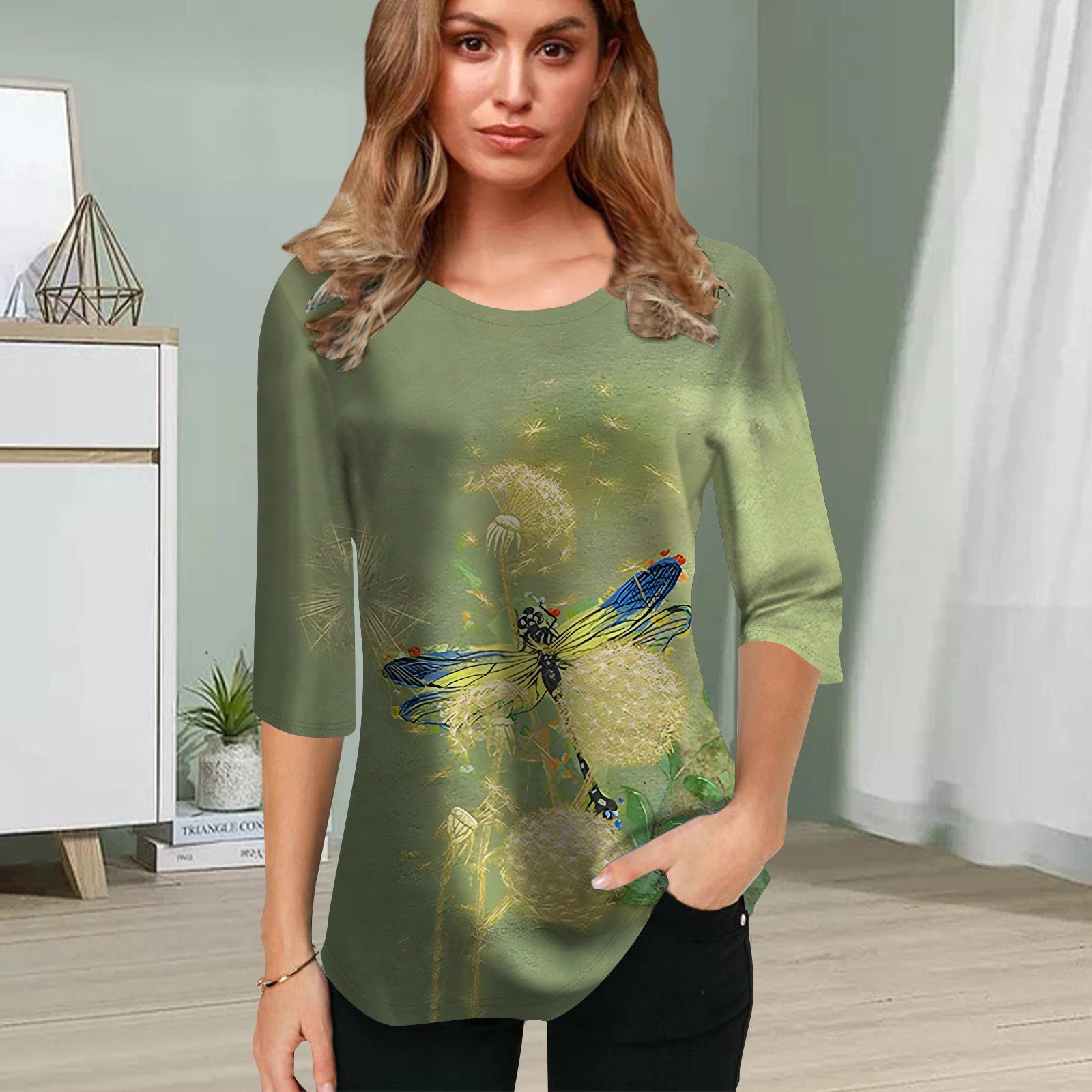 Женская блузка с принтом стрекозы в виде цветка и короткими рукавами — фото 2