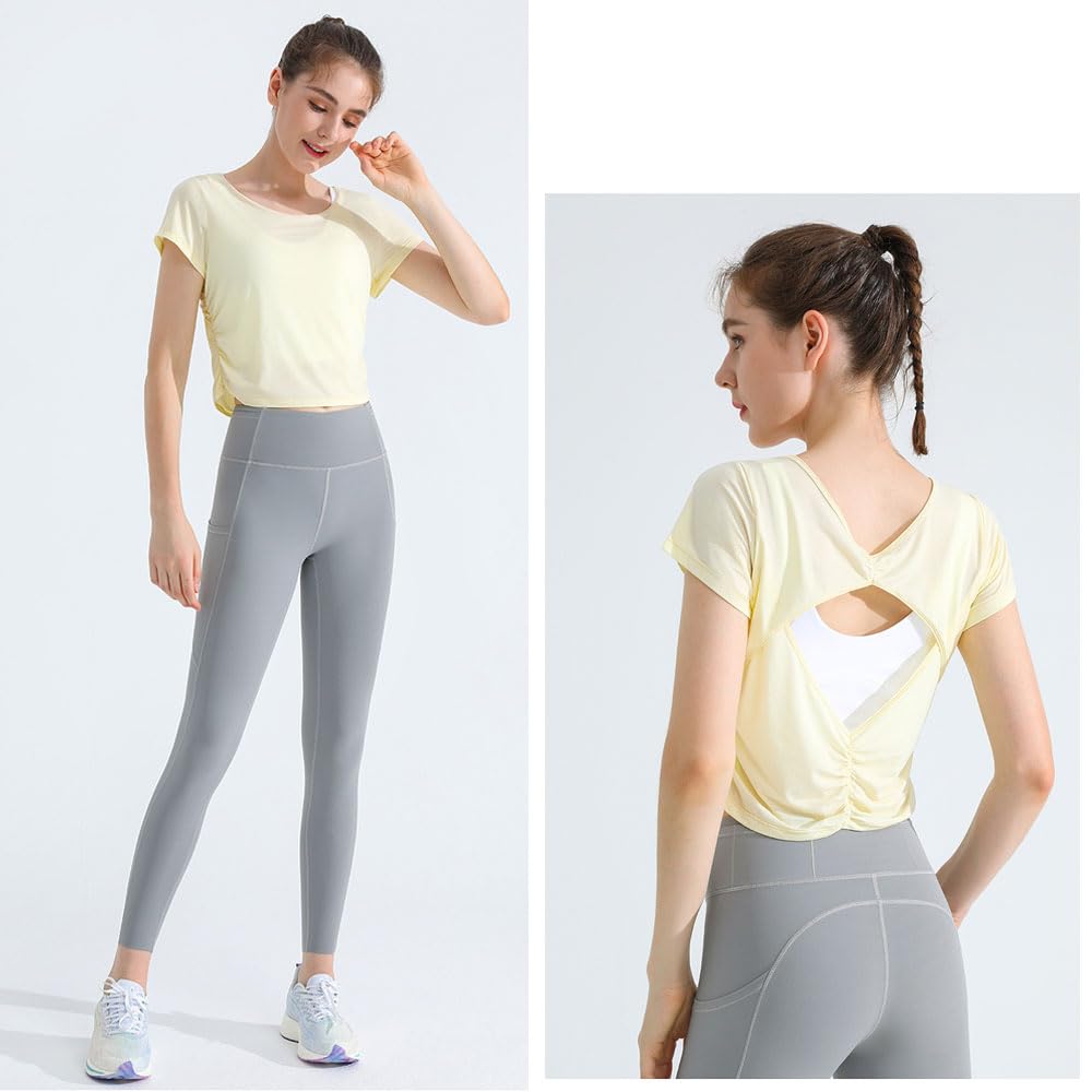 Yodilala Yoga Cooling Shirt for a Beautiful Short Sleeve Cropped Summer Wear, Back, T-Shirt, Fitness, Training, Sweat-Wicking, Quick-Drying,