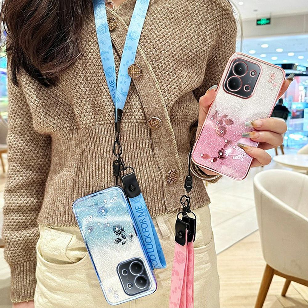 For Xiaomi Redmi 15C 4G (Global) (171mm)/Poco C85 4G (171mm) Case Flower Pattern TPU Gradient Phone Cover with Lanyards