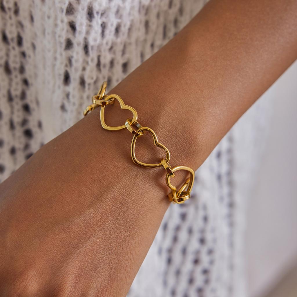 Yori Trendy Simple Hollow Heart Chain OT Buckle Bracelet 18K PVD Plated Statement Waterproof Summer Daily Jewelry Gift