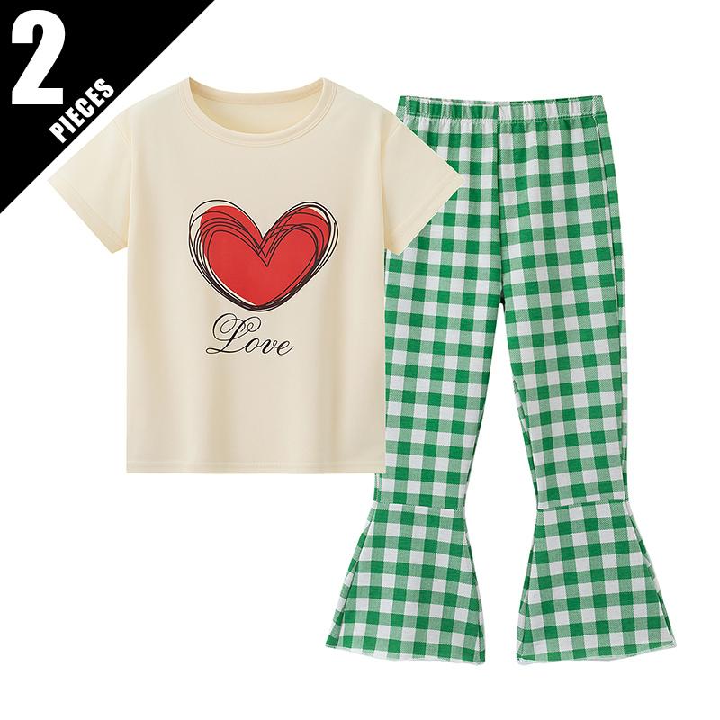2/3piece set of summer girls' fashionable casual short sleeved flared pants set with heart round neck T-shirt and checkered pant
