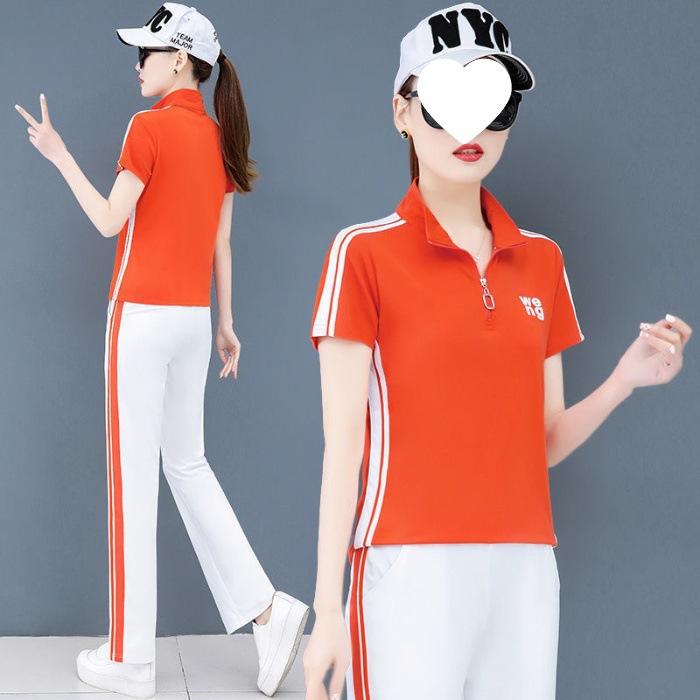 Tuta Sportiva Casual da Donna, Collo Alto, Manica Corta Moda Estiva, Pantaloni a Gamba Dritta Ringiovanenti, Set Bicolore Estetico