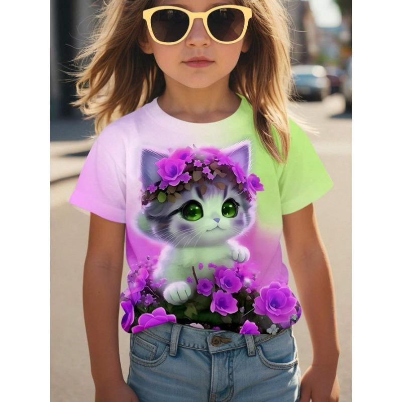 Tops Spring Autumn Printed Clothes Short Sleeve Round Neck Girls' Bottom Top T-Shirt