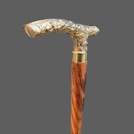 91.44 cm Polish Brass Handle Walking Stick Solid Wood Cane, Gift for Him, Her, Father, Mother, Grandmother, Grandfather