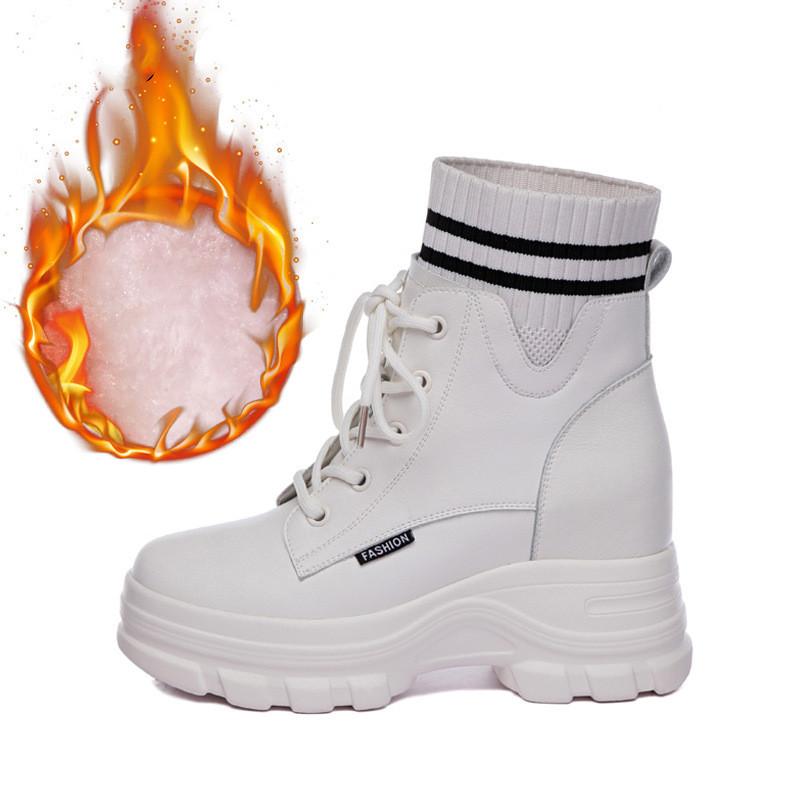 Fashion 9cm Genuine Leather Women Ankle Motorcycle Snow Booties Autumn Winter Warm Fur Plush Platform Wedge Women Fashion Shoes