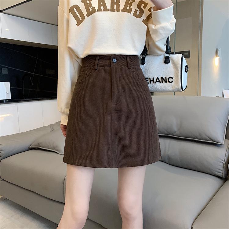 Women s Retro Corduroy A-Line High Waist Short Skirt - Coffee L