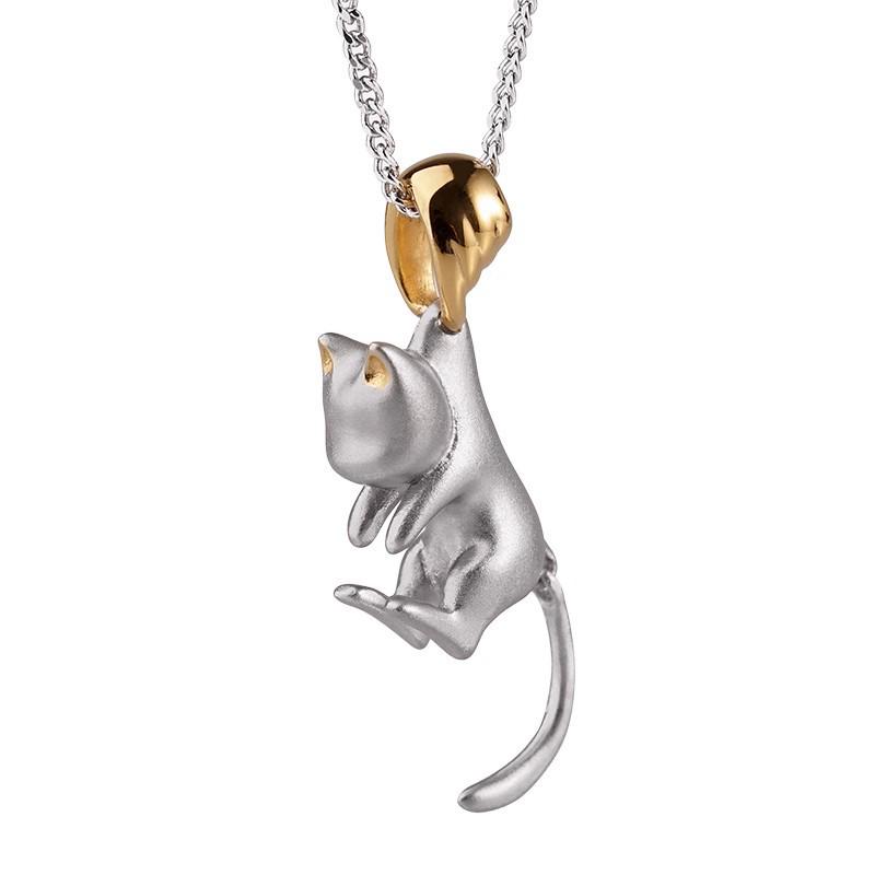 Sleek Frosted Silver Cat Pendant Necklace & Earrings - Cute Unisex Gift Set