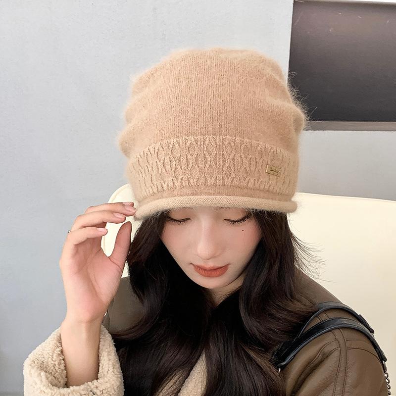 Pile Hats Women's Autumn and Winter Versatile Warm Hemming Knitted Cold Hats Big Head Circumference Showing Face Small Wool Hats