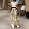 Casual Vintage Elastic High Waist Loose Printing Pants Women's Clothing Fashion Summer Lace Up Spliced Loose Wide Leg Trousers