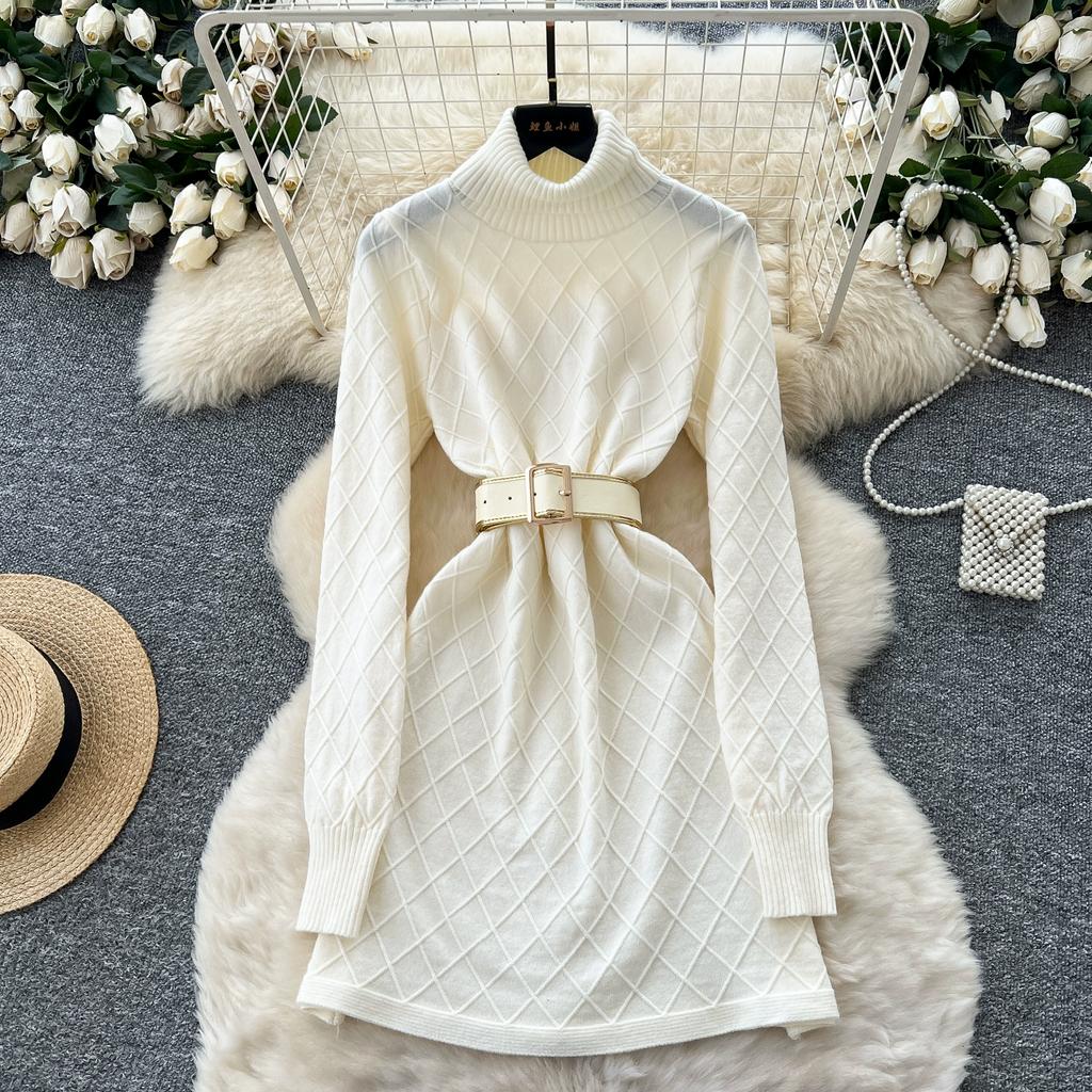Spring Autumn Women Full Sleeve Turtleneck Plaid Knitted Sweater Mini Short Sheath Dresses with Belt
