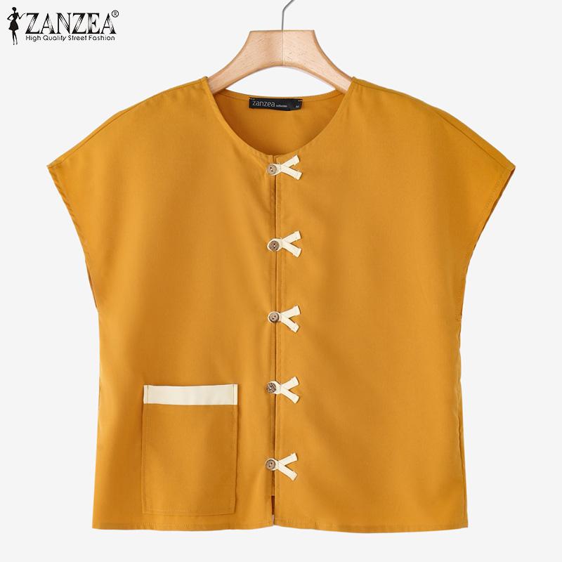 ZANZEA Kvinner Casual Rund Hals Sommer Kort Erm Bluse