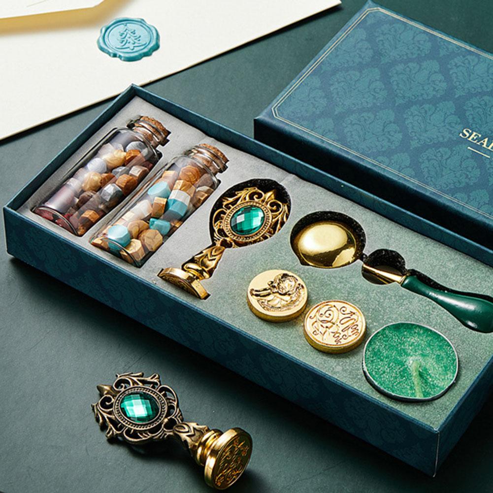 Wax Stamp Gift Box Stamp/Stamp Heads/Wax Beads Wax Seal Stamp Set Detachable Handle/Spoon/Round Wax Creative for Gift Wrapping