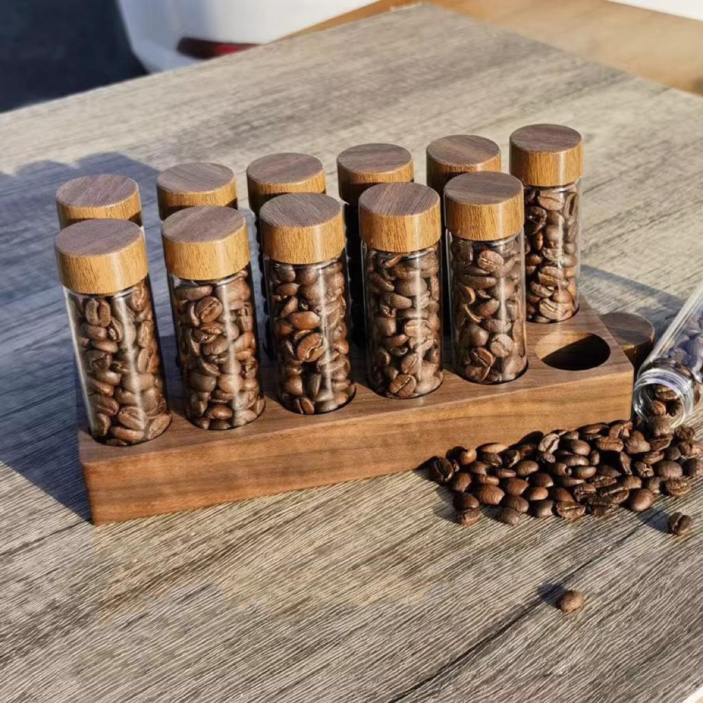 Wooden Coffee Beans Flower Tea Display Rack Stand Glass Test Tube Sealed Storage Cereals canister