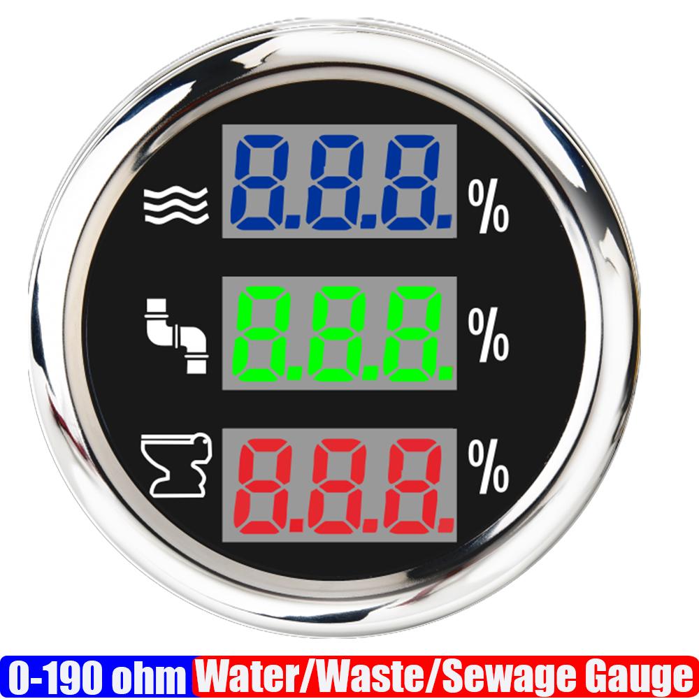 Digital 52mm Gauge 3 IN 1 Water/Waste/Sewage Level Gauge with Flash Alarm 0-190ohm Multi Meter Blue,Green,Red LED for Car