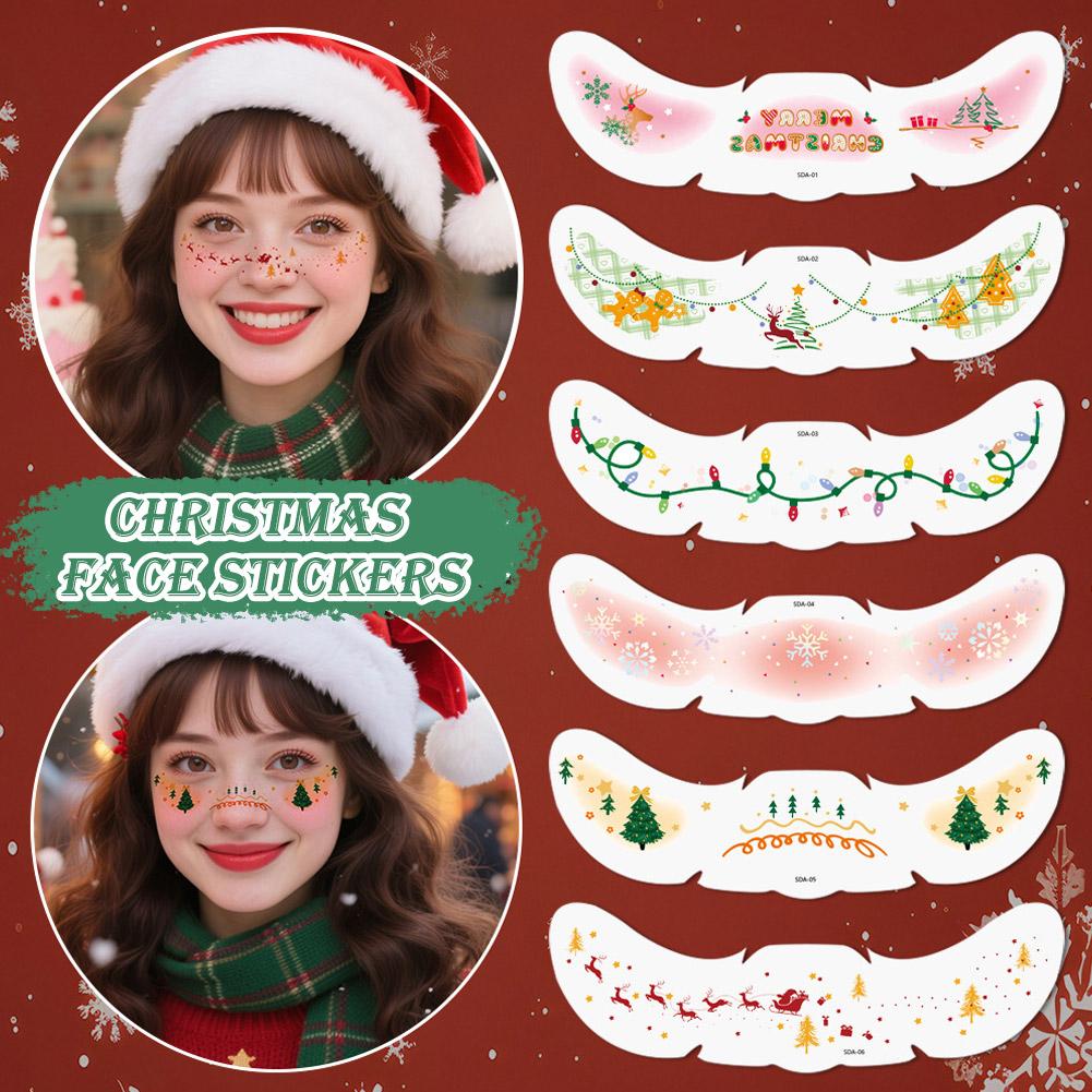 6Pcs/Sheet Christmas Face Tattoo Stickers Bells Bow Hearts Stars Ribbons Freckles Temporary Face Tattoo Stickers for Festival