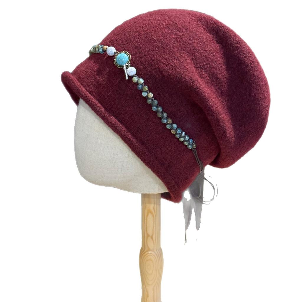 Bohemian Ethnic Style Knitted Toe Cap for Women In Western Sichuan Travel Wear Pile Hat Showing Face Small Pullover Cold Hat