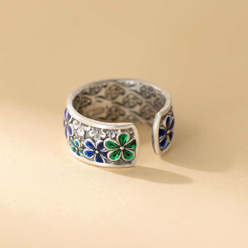 New Chinese Ethnic Floral Open Ring Enamel Colorful Vintage Heavy Duty Adjustable Size Casual Everyday Dainty Minimalist Personalized Female Jewelry