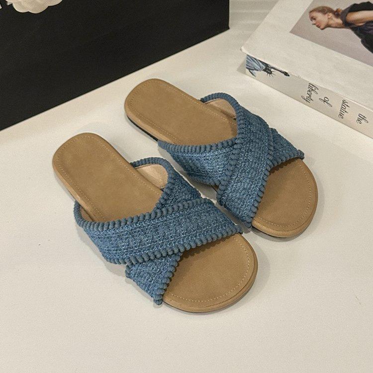 Roman woven cross slippers 2025 summer gentle fairy bohemian vacation beach slope heel cool slippers