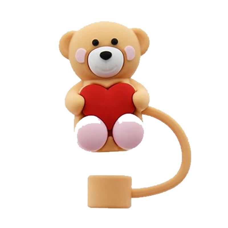 5Pcs Silicones Straw Cover Caps Bear Heart DustProof Drinkings Straw Caps Reusables Straw Tip Lid for Tumbler Cups