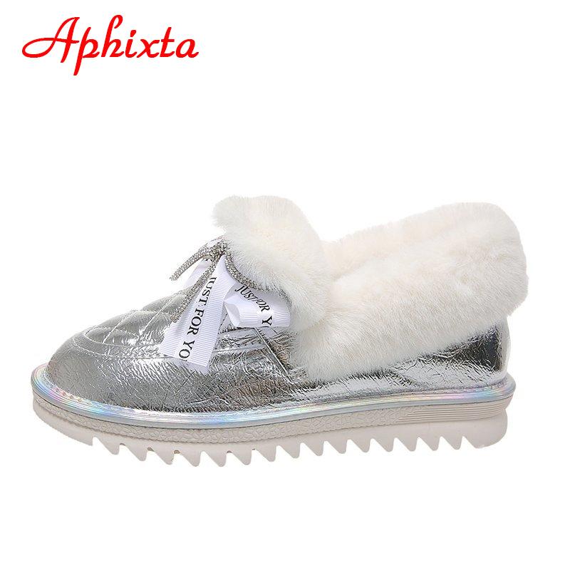 Fashion APHIXTA Plush Warm Silver Winter Snow Women Boots Shoes Platform Flat Heel Bling Crystals Bow Waterproof Fur Round Head Shoes