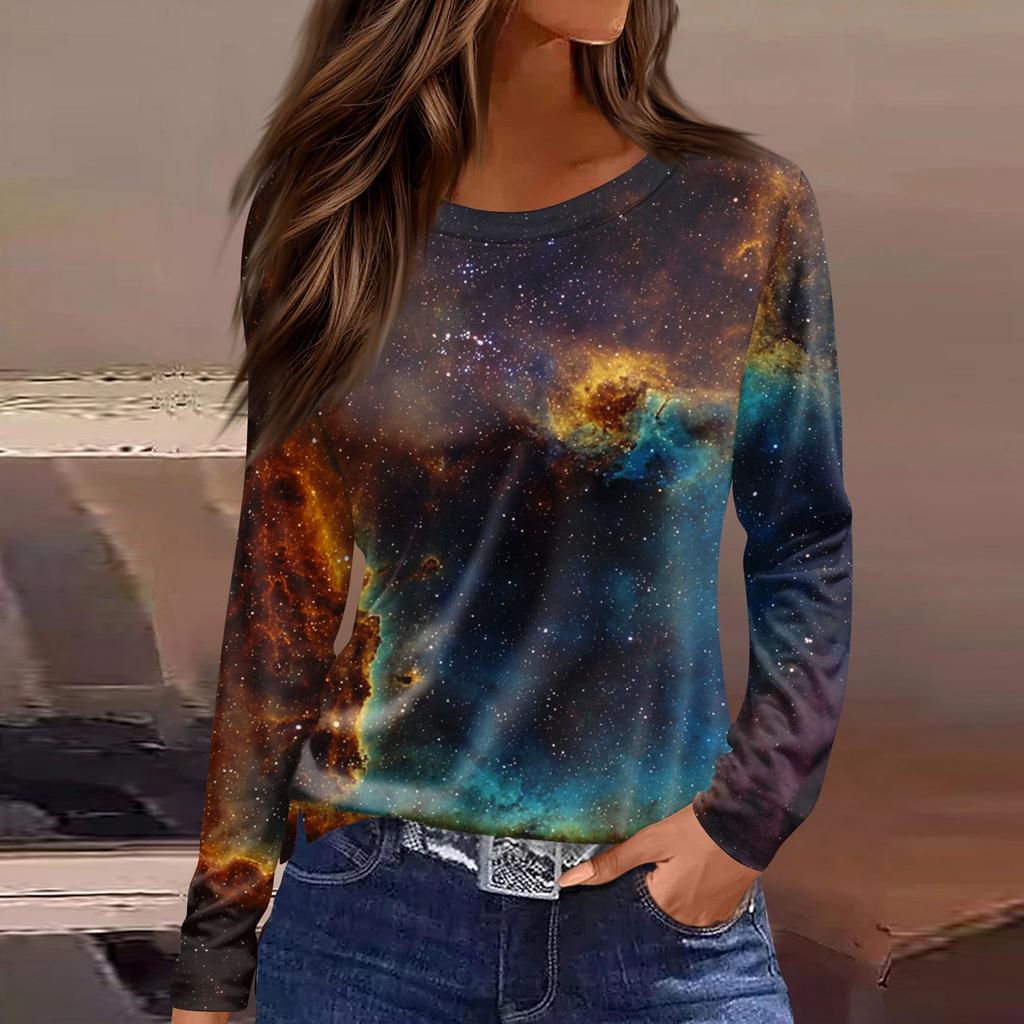 Women's Fashion Casual Slit Hem Round Neck Long Sleeve Loose Printed T,Shirt Ladies Top