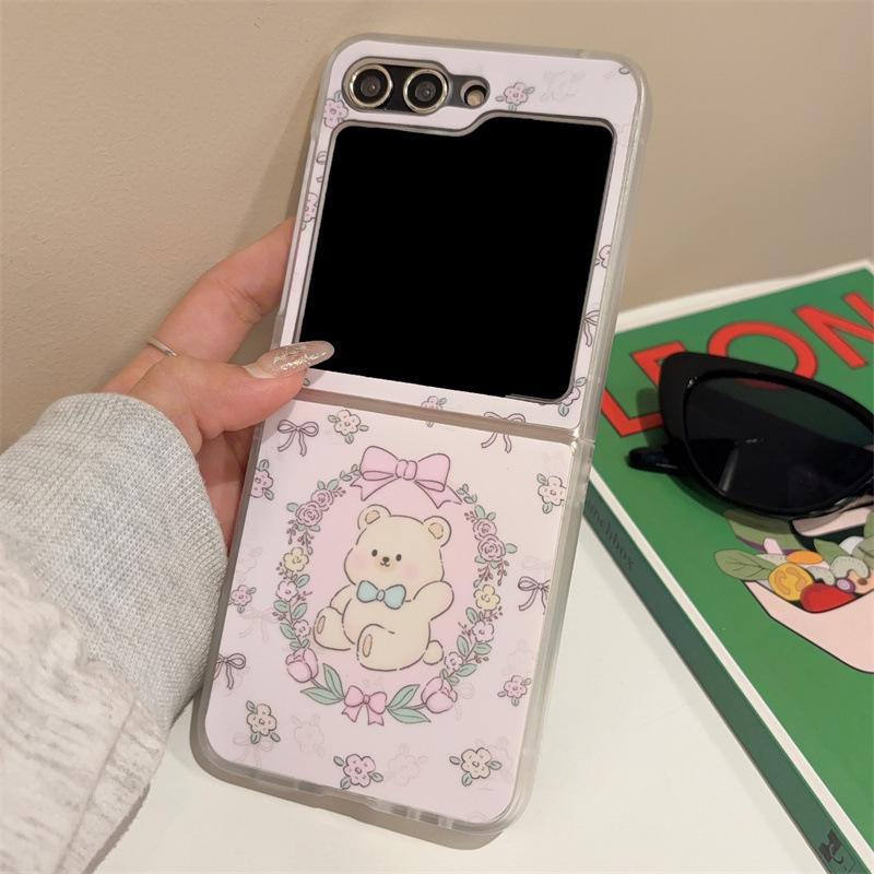Floral bear rabbit design for Samsung Z Flip 3/4/5 and Oppo N3 Flip phone case with card pocket.
