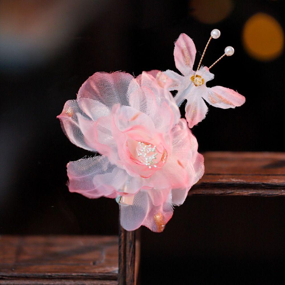 Pearl Ancient Hair Clip Tassel Hanfu Headwear Elegant Silk Flower Hairpin  Children