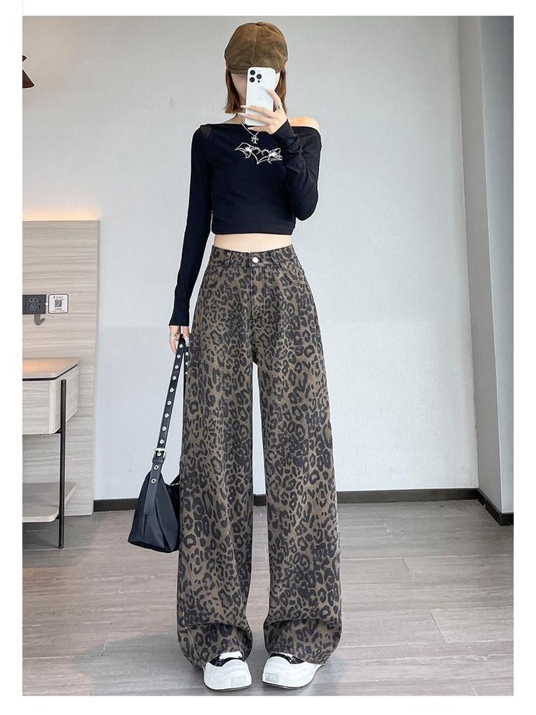 Damen Retro Leopard Print Weitbeinjeans - Petite Herbst/Winter Locker Geschnitten