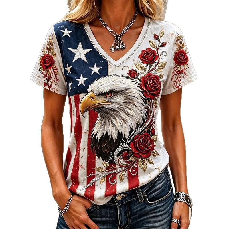 European and American Style Women's Clothing Casual V-neck Short-sleeved T-shirt D Digital Printing Source Wholesale