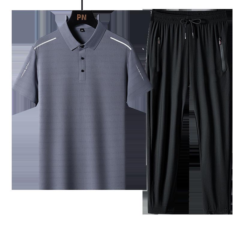 Men's Summer Ice Silk Sportswear Set: POLO Shirt, Short Sleeve, and Trousers, Plus Size, Three-Piece Set.