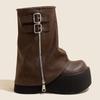 Fashion Fashion Women's Buckle Mid-Calf Boots Large Zipper Decoration Wedges Platform Boots Female Autumn Faux Leather Shoes