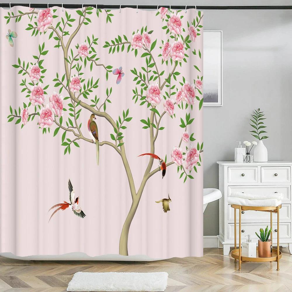 Chinese Style Flower Bird Shower Curtains Waterproof Bathroom   Curtain 3d Printed Fabric With Hooks Decoration Shower Curtain