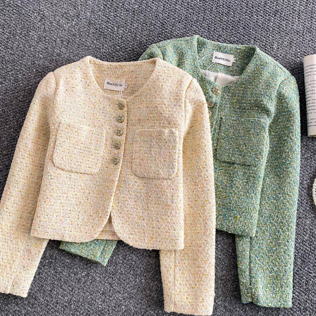 Autumn Winter Women Elegant Little Fragrant Wind Full Sleeve Single Breasted Tweed Short Jacket Coat With Pocket