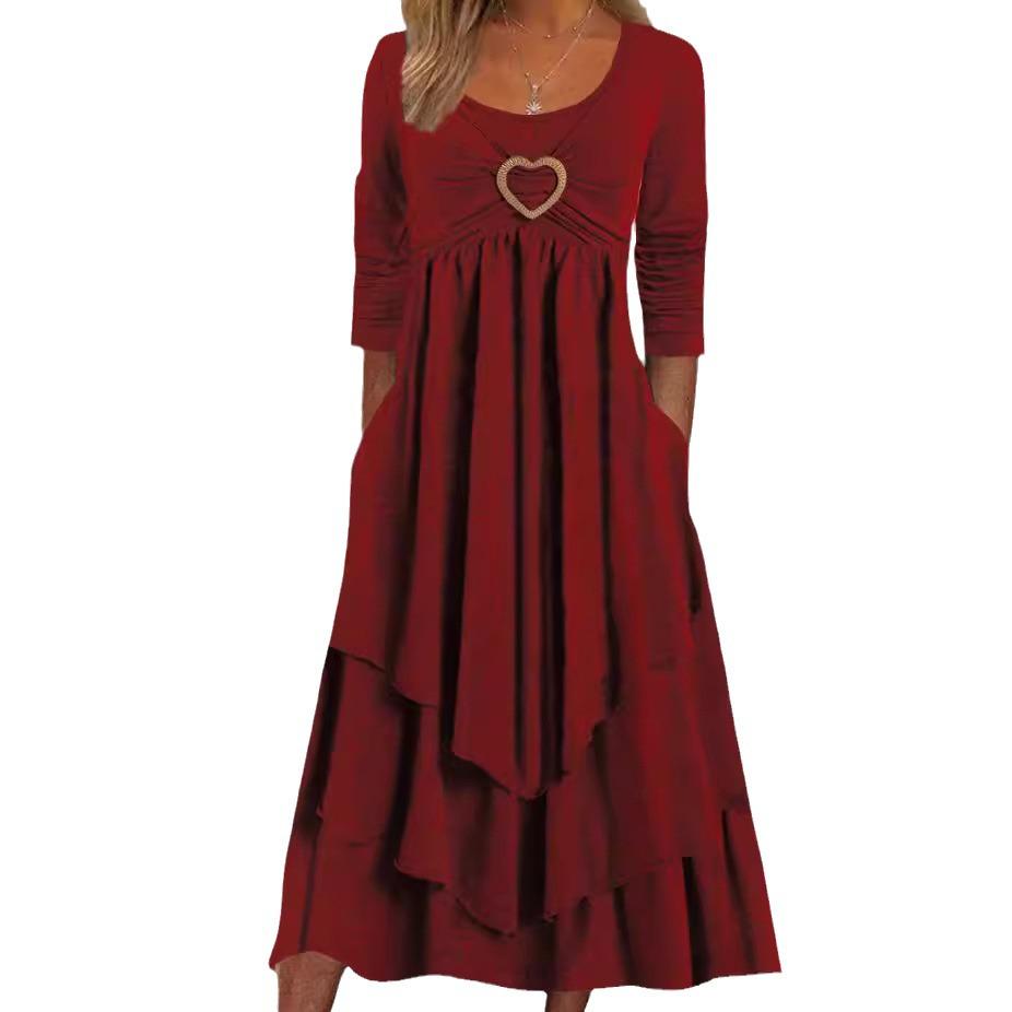 In Stock: 2026 Spring/Autumn European-American Waist-Cinching Casual Dress with Heart Detail and Tiered Hem