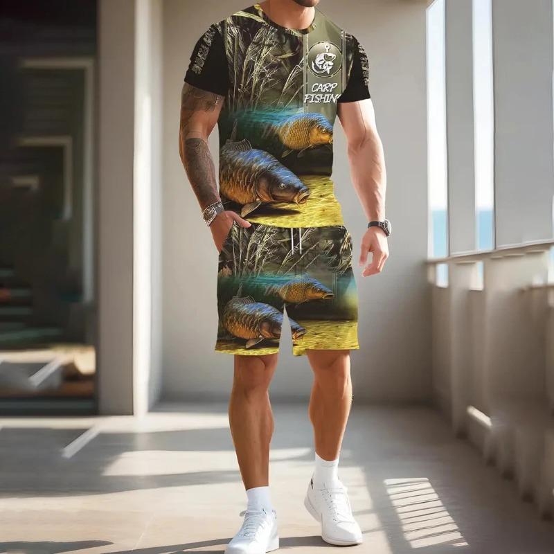 Outdoor Men's Tee Sets Fishing Print Summer Casual Short Sleeve Pullover T-shirts Drawstring Pants Set Male Overszied Clothing