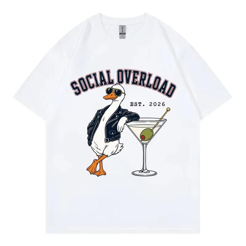 Social Overload Funny Goose Meme T-shirts High Street Fashion Trend Short Sleeve T Shirt Men Women Casual Cotton Summer T-shirt