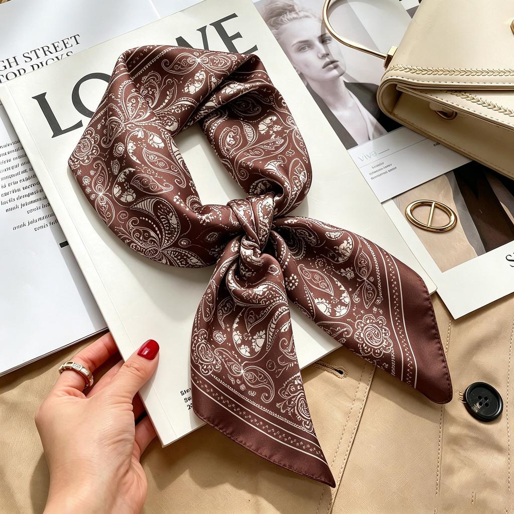 Commuter elegant flower silk scarf women's contrasting color retro printing satin scarf shirt with multi-purpose decorative small scarf