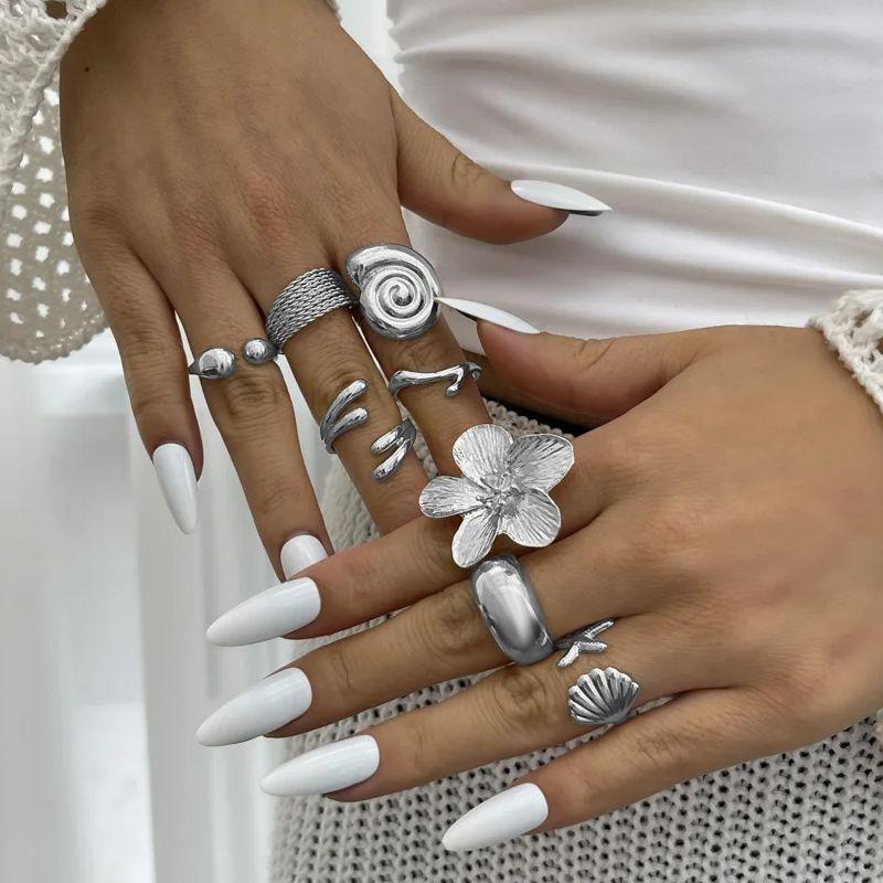 

DIEZI 8 pcs/set Fashion Gold Silver Color Flower Conch Starfish Knuckle Rings For Women Bohemian Vintage Open Joint Ring