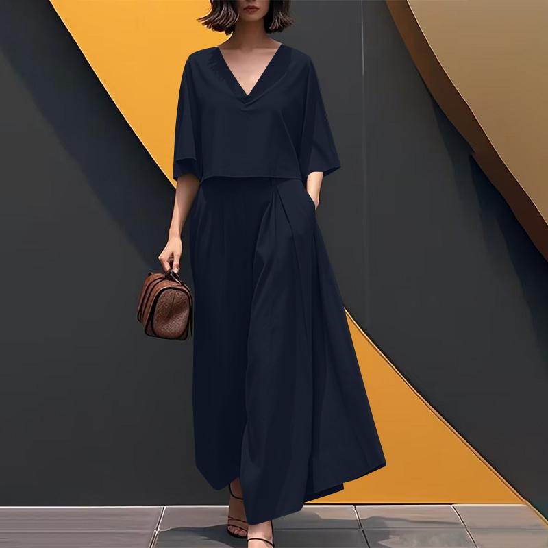 

ZANZEA Женская блузка с рукавом 3/4 и широкие брюки, повседневный комплект из двух предметов S темно-синий