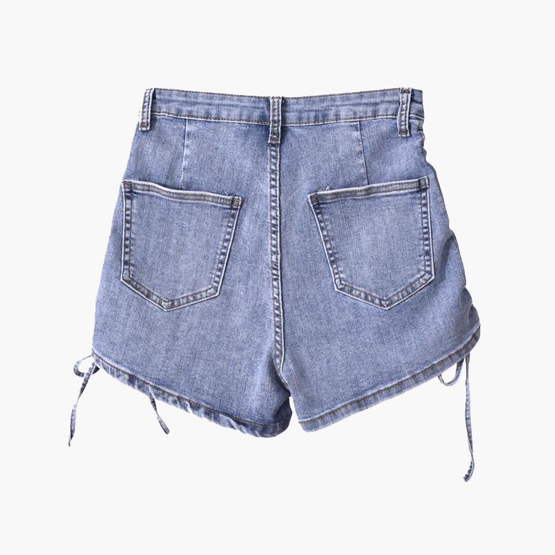 Youthful Skinny Fashionable and Versatile Summer High Waist Elastic Wide Leg Slim Thin Pants Design Sense Side Folds Drawstring Denim Shorts Female